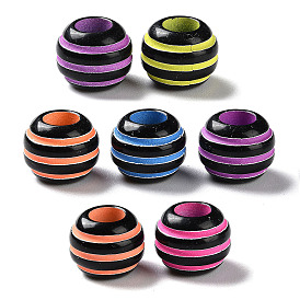 Spray Printed Opaque Acrylic European Beads, Large Hole Beads, Round with Stripe