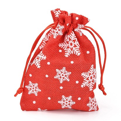 Pochettes d'emballage en toile de jute sur le thème de noël, sacs à cordonnet, avec motif de flocon de neige