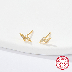 Sterling Silver Micro Pave Cubic Zirconia Stud Earrings, Lightning Bolt