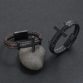 Bracelet à maillons croisés de style hip-hop avec boucle magnétique en alliage, bracelet en cuir tressé rétro