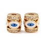 Real 18K Gold Plated Brass Micro Pave Clear Cubic Zirconia Beads, Cadmium Free & Nickel Free & Lead Free, with Enamel, Column with Evil Eyes