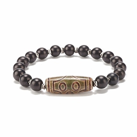 Bracelet de perles de mala, Bracelet extensible en perles d'agate dzi de style tibétain naturel et bois et hématite synthétique pour femme