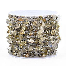 316 Stainless Steel Paperclip Chains, with Natural Smoky Quartz Chips and Stainless Steel Beaded, Soldered, with Spool