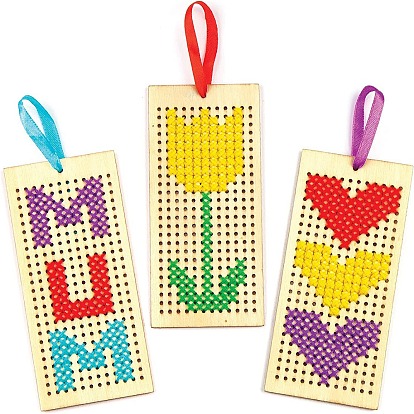 Kits de punto de cruz de marcapáginas de madera de rectángulo/estrella diy, incluyendo hilo de poliéster, cinta y aguja de plástico