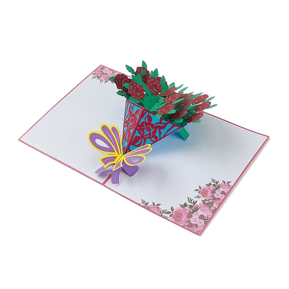 Rectangle 3D Bouquet of Rose Pop Up Paper Greeting Card, with Envelope, Valentine's Day Wedding Birthday Invitation Card