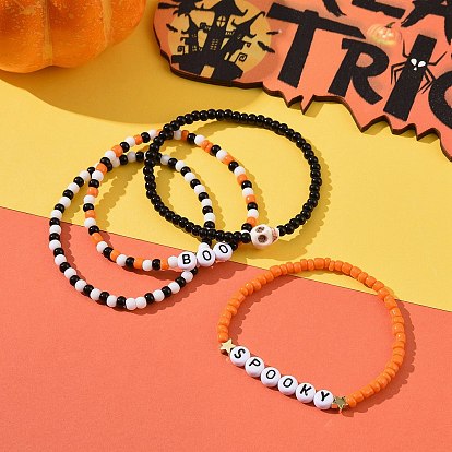 4 pcs 4 styles ensemble de bracelets extensibles en perles de verre et acrylique et turquoise synthétique, word spookey boo bracelets empilables pour halloween