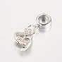 Corazón antiguo plateado aleación rhinestone europeo cuelga encantos colgantes de gran agujero, 27x9x4.5 mm, agujero: 5 mm
