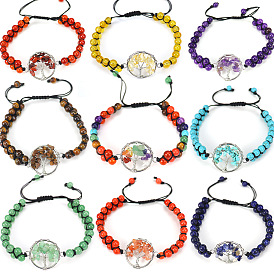 Bracelet à maillons arbre de vie en alliage, Bracelet réglable en perles de pierres naturelles et synthétiques mélangées, thème chakra
