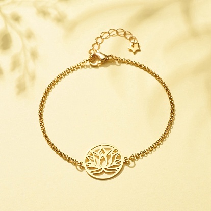 201 bracelet à maillons de lotus en acier inoxydable avec 304 chaînes en acier inoxydable pour femmes