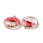 Transparent Clear Epoxy Resin Pendants, with Edge Golden Plated Brass Loops, Flat Round Charms with Inner Flower