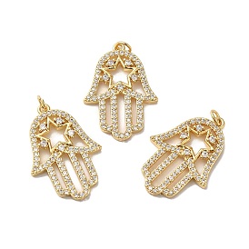 Rack Plating Brass Pave Cubic Zirconia Pendants, with Jump Ring, Lead Free & Cadmium Free, Real 18K Gold Plated, Long-Lasting Plated, Hamsa Hand with Star Charm