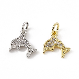 Brass Micro Pave Cubic Zirconia Charms, with Jump Ring, Dolphin Charm