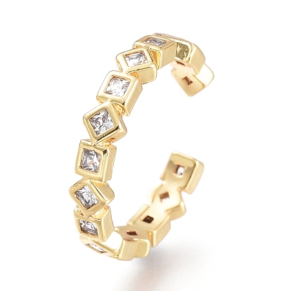Brass Micro Pave Clear Cubic Zirconia Cuff Rings, Open Rings, Long-Lasting Plated, Square with Rhombus