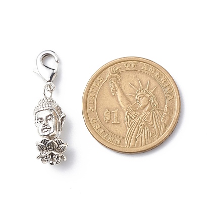 Alloy Buddha's Head & Lotus Pendant Decorations, Lobster Clasp Charms, Clip-on Charms, for Keychain, Purse, Backpack Ornament, Stitch Marker
