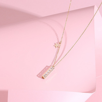 SHEGRACE Titanium Steel Pendant Necklaces, with Grade AAA Cubic Zirconia and Lobster Caw Clasps, Star & Rectangle