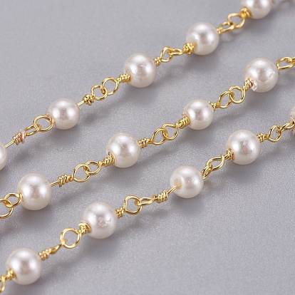 Cadenas de cuentas de perlas imitaion acrílicas hechas a mano, sin soldar, con fornituras de latón, larga duración plateado, rondo, con carrete