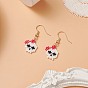 Glass Seed Braided Skull with Flower Dangle Earrings, Golden Brass Halloween Theme Drop Earrings for Women