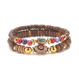 2 pcs 2 ensemble de bracelets de perles mala de style, bracelets extensibles en noix de coco naturelle et pierres précieuses sertis de perles dzi de style tibétain pour femmes
