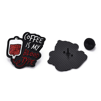 Palabra café es mi tipo de sangre pin de esmalte, insignia de aleación médica para ropa de mochila, electroforesis negro