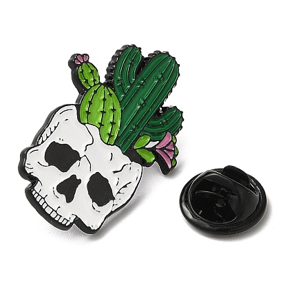 Broche de aleación negro, alfileres de esmalte, calavera con cactus
