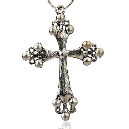 Alliage strass gros pendentifs, clenchee croix latine, argent antique, 73x51x5mm, Trou: 3mm