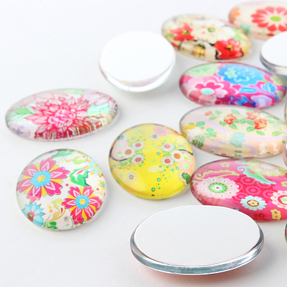 Multi-couleur floral ornements thématiques de motif verre cabochons de dos plat ovale