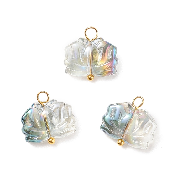 Electroplate Glass Pendants, with Golden Plated Brass Loops, Lotus