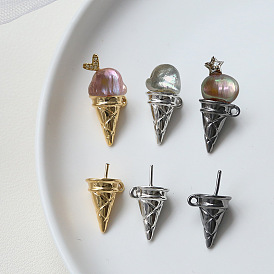Brass Ice Cream Cone Peg Bail Pin Charms, for Half Drilled Baroque Pearl Making