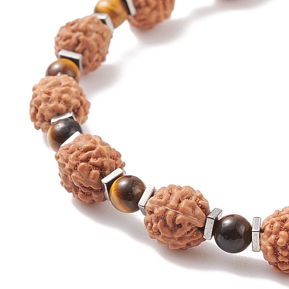 Mala Beads Bracelet, Natural Rudraksha & Tiger Eye & Synthetic Hematite Beaded Stretch Bracelet for Women