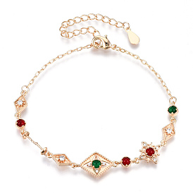 Colorful Cubic Zirconia Rhombus Link Bracelet, Brass Jewelry for Women, Cadmium Free & Nickel Free & Lead Free