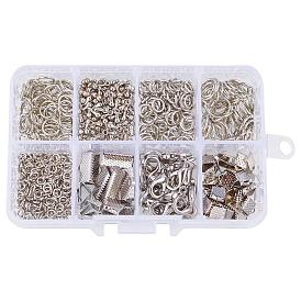 PandaHall Elite Rectangle 1Box Jewelry Findings 20PCS Alloy Lobster Claw Clasps, 45PCS Iron Ribbon Ends, 40g Brass Jump Rings, 10g Alloy Drop End Pieces, Nickel Free, 8x6x5mm, Hole: 2mm