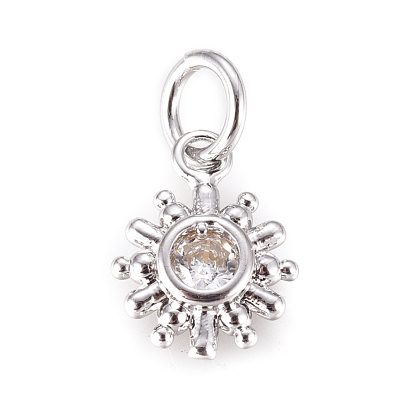 Brass Micro Pave Cubic Zirconia Charms, with Jump Rings, Sun, Clear