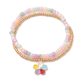 Bracelets multi-brins double couche en graines de verre, bracelet extensible avec breloques fleurs en alliage émaillé
