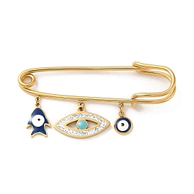 Ion Plating(IP) 304 Stainless Steel Kilt Pin, Enamel & Rhinestone Evil Eye Fish Charm Brooch for Backpack Clothes