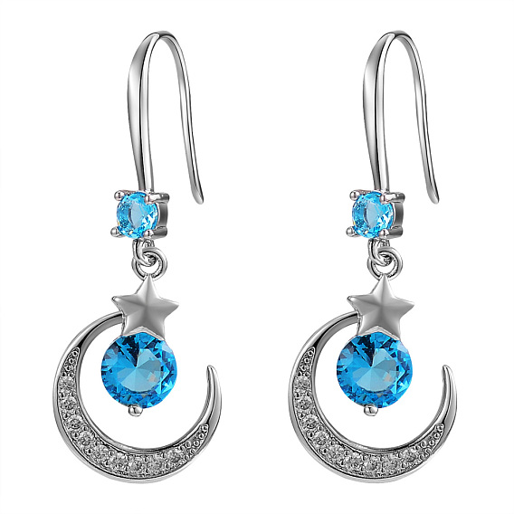 Crescent Moon & Star Drop Earrings, Cubic Zirconia Dangle Earrings for Girl Women, Platinum