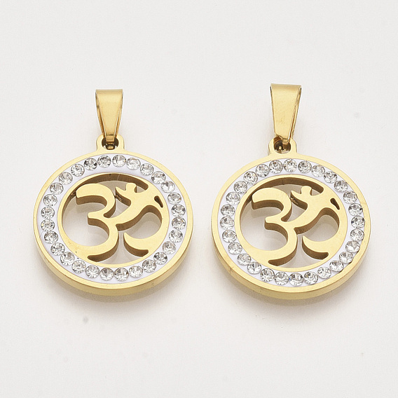 201 Stainless Steel Pendants, with Random Size Snap On Bails and Polymer Clay Crystal Rhinestones, Flat Round with Yoga/Ohm/Aum
