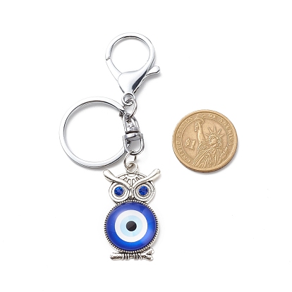Evil Eye Glass Pendant Keychain, with Alloy Split Key Rings & Lobster Claw Clasps, Owl