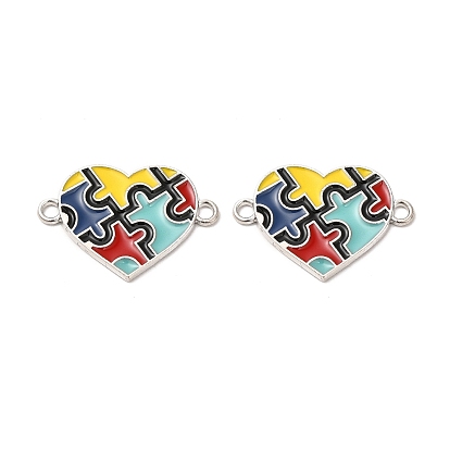 Alloy Enamel Connector Charms, Cadmium Free & Nickel Free & Lead Free, Heart Links with Puzzle Pattern, Platinum
