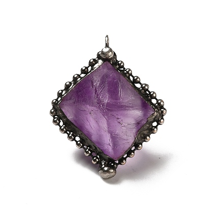 Natural Fluorite Pendants, Rhombus Charms, with Antique Silver Tone Brass Chain and Stannum, Lead Free & Cadmium Free