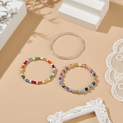 Glass Seed Beads Beaded Bracelets Sets, Millefiori Glass Beads Stretch Bracelets for Woman