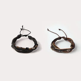 Регулируемые ретро многожильных браслеты, 6 -strand кожаный шнур браслеты с деревянных бусин, античный серебристый сплав и вощеный шнур, череп, 56 мм