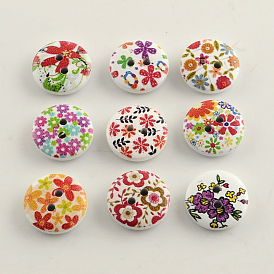 2 motif de fleur -hole imprimé boutons en bois, plat rond, couleur mixte, 15x4mm, Trou: 2mm