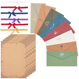 CRASPIRE Vintage Retro Western Style Paper Envelope, Bowknot Polyester Satin Ribbon, Gilding Kraft Writing Paper