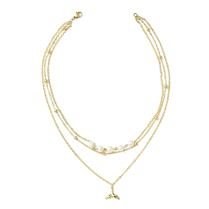 3 colliers superposés, avec perle naturelle, chaînes et pendentifs en laiton, forme de queue de baleine