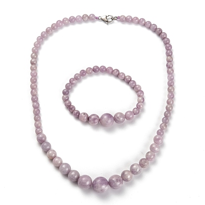 Natural Gemstone Graduated Beaded Necklaces & Stretch Bracelets Jewelry Sets, with Stainless Steel Lobster Claw Clasps