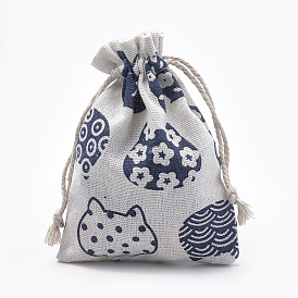 Chaton polycoton (coton polyester) pochettes d'emballage sacs à cordon, avec chat de dessin animé imprimé