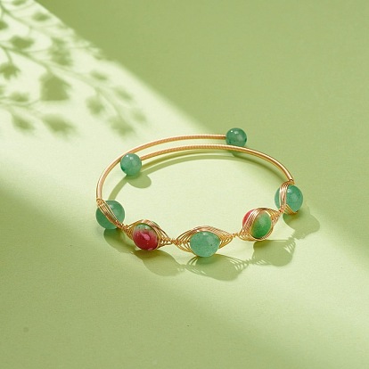 Bracelet manchette en aventurine verte naturelle et perles rondes en résine, bijoux enveloppés de fil de cuivre pour femmes, or et de lumière