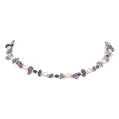 Collier de perles en améthyste naturelle, lapis-lazuli et perles de coquillage pour femmes