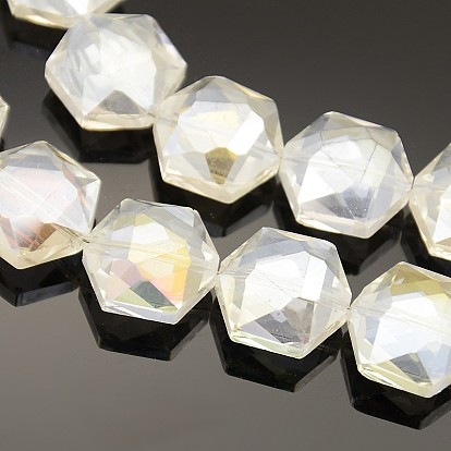 Hexagon Electroplate AB Color Plated Glass Beads Strands, Faceted, 15x14x8mm, Hole: 1mm, about 40pcs/strand, 23.6 inch