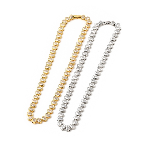 Clear Cubic Zirconia Oval Link Chain Necklace, Rack Plating Brass Jewelry for Women, Cadmium Free & Lead Free
